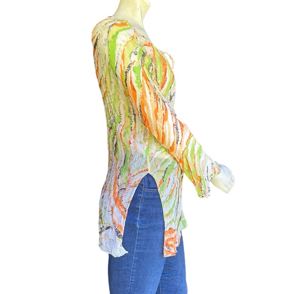 SHAN Green Cream & Orange 100% Silk Flare Sleeve Coverup Blouse Size US 12 - Picture 6 of 10